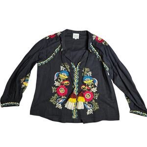 MISA Los Angeles Black Floral Embroidered Tassle Blouse Size: S